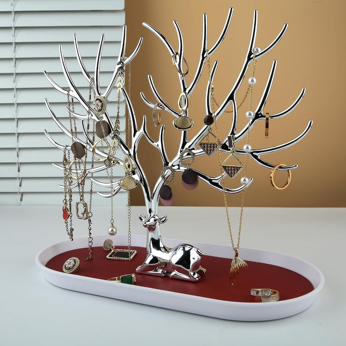 MORE&LESS Antlers Jewelry Display Stand,Silver Deer Hanging Organizer for Ring Earrings Necklace Bracelet