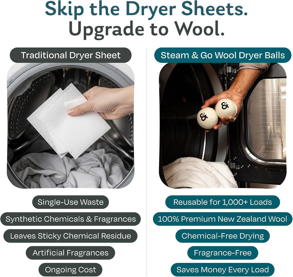 Steam & Go XL Wool Dryer Balls Set, 6 Premium 100% New Zealand Wool Laundry Dryer Balls, Natural Fabric Softener, Reusable Dryer Sheet Alternative, Reduces Static & Drying Time