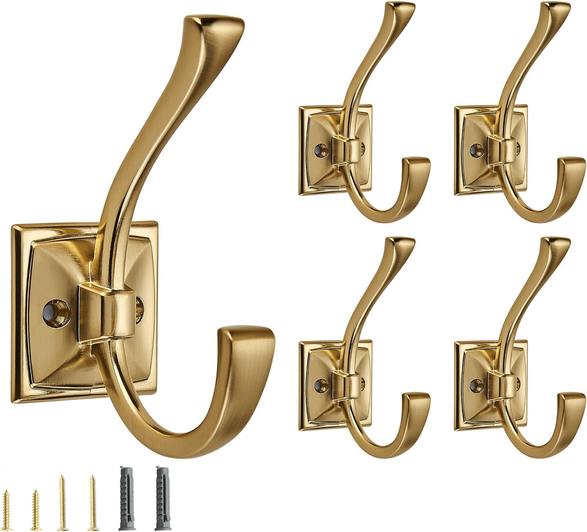 5 Pack Decorative Heavy Duty Towel Hooks for Hanging Robe Double Champagne Bronze Coat Hooks Wall Mounted with Screws for Key, Towel, Bags, Cup, Hat