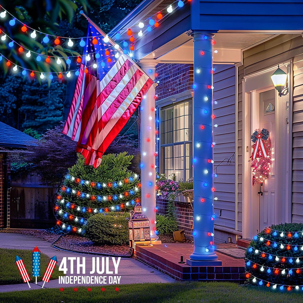 JMEXSUSS 33ft 100 LED Red White and Blue Lights Battery Operated