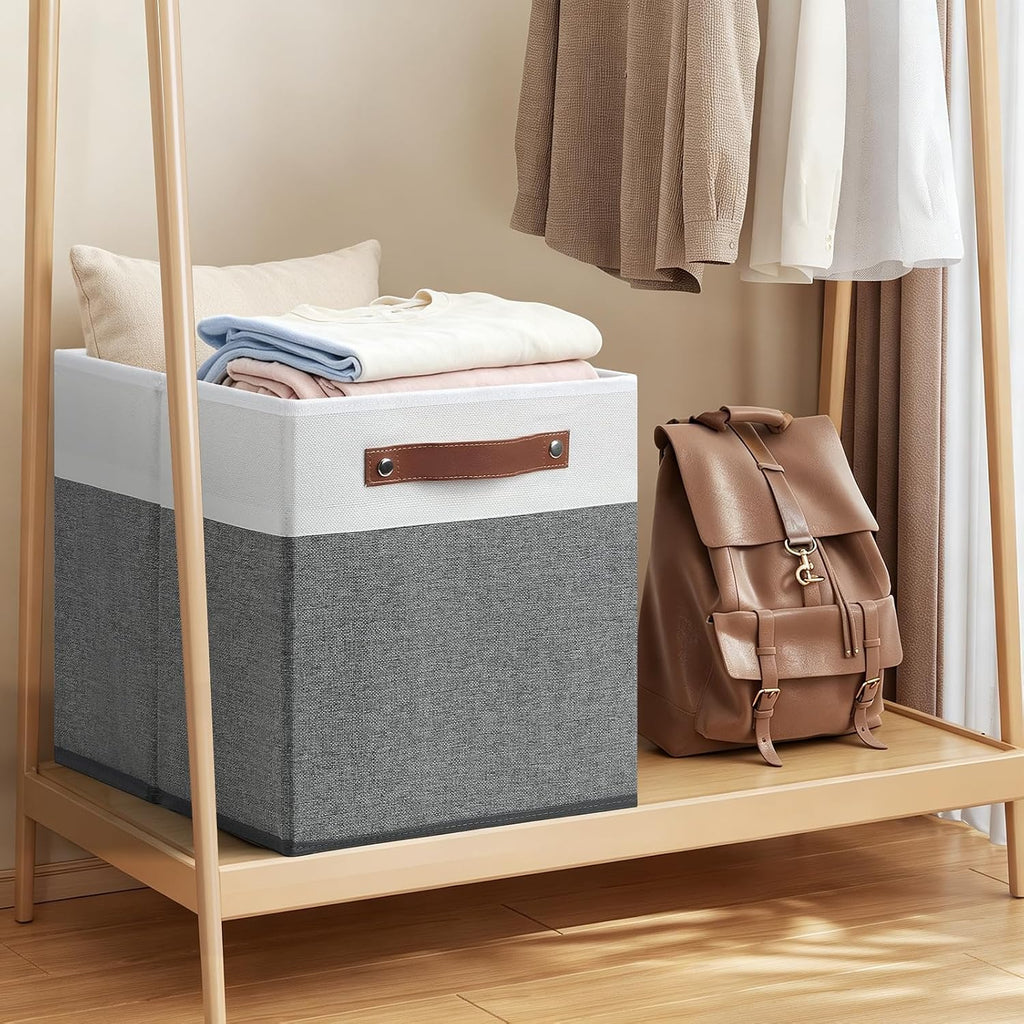 Posprica 13x13x13 Storage Cube Bins, Foldable Fabric Organizer Bins Storage Cubes Baskets Box Drawers for Shelves, Closet, Wardrobe, Bookshelf, 4 Pack, White/Gray