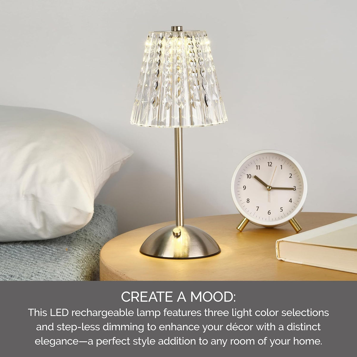 Elements 11.8-Inch Silver Rechargeable LED Table Lamp - Touch Control with 3 Light Colors, Stepless Dimming, Metal Construction, 1200mAh Battery, USB-C Charging