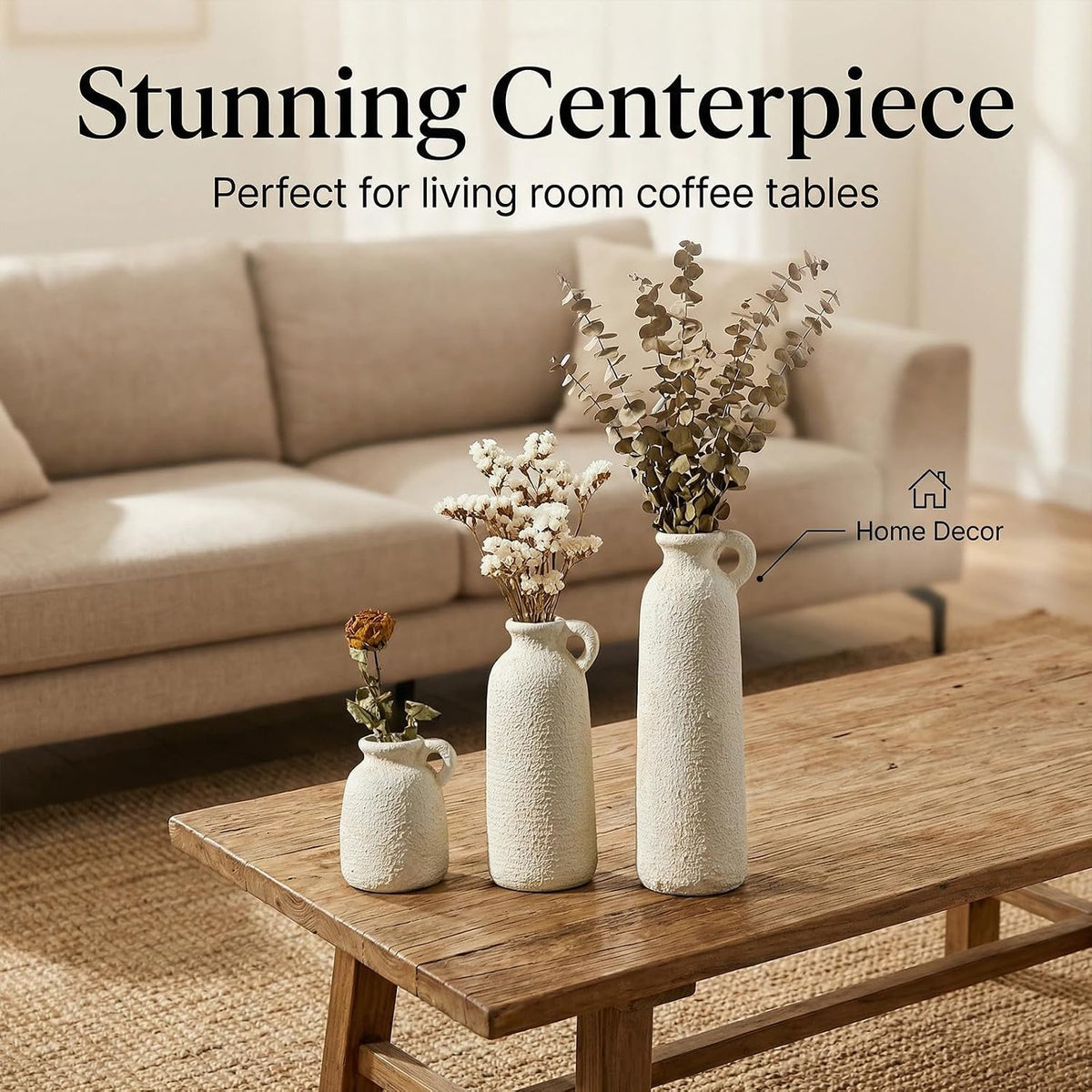 Ceramic Vases Set of 3, White Neutral Rustic Farmhouse Pottery Vase