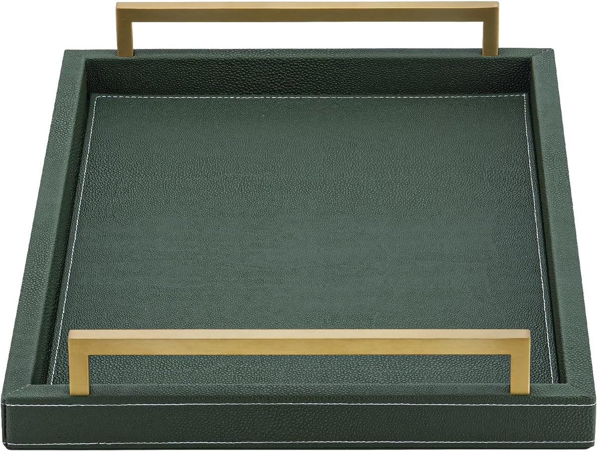 XIGEXIGE Green Decorative Serving Tray,Rectangular Tray for Coffee Table,Faux Leather Serving Tray with Handles for Ottoman,Shagreen Leather Tray for Bathroom
