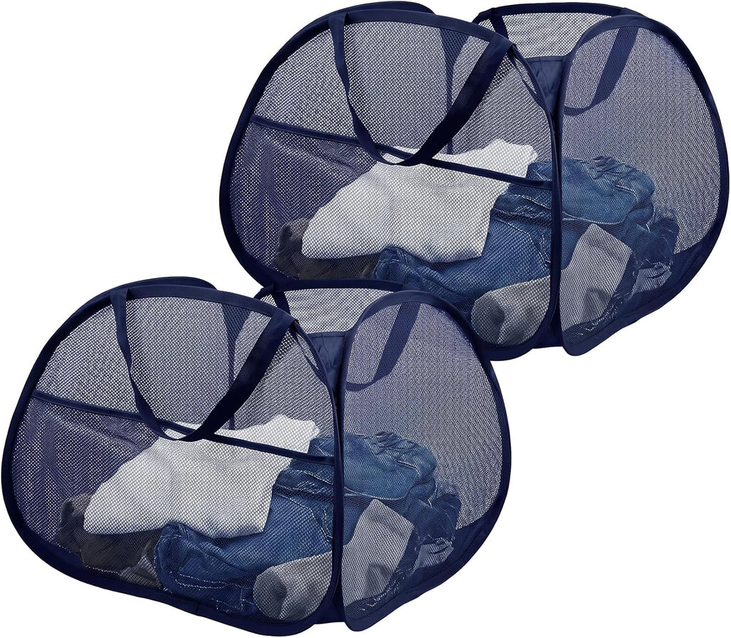 2 Pack Collapsible Foldable Laundry Baskets, 90L Large Durable Mesh Pop Up Hampers for Bedroom, Bathroom, Dorm, Laundry Room, Travel - Navy