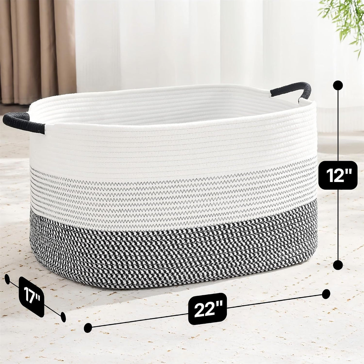Large Blanket Basket, 75L Woven Rope Storage Basket 22x17x12 in