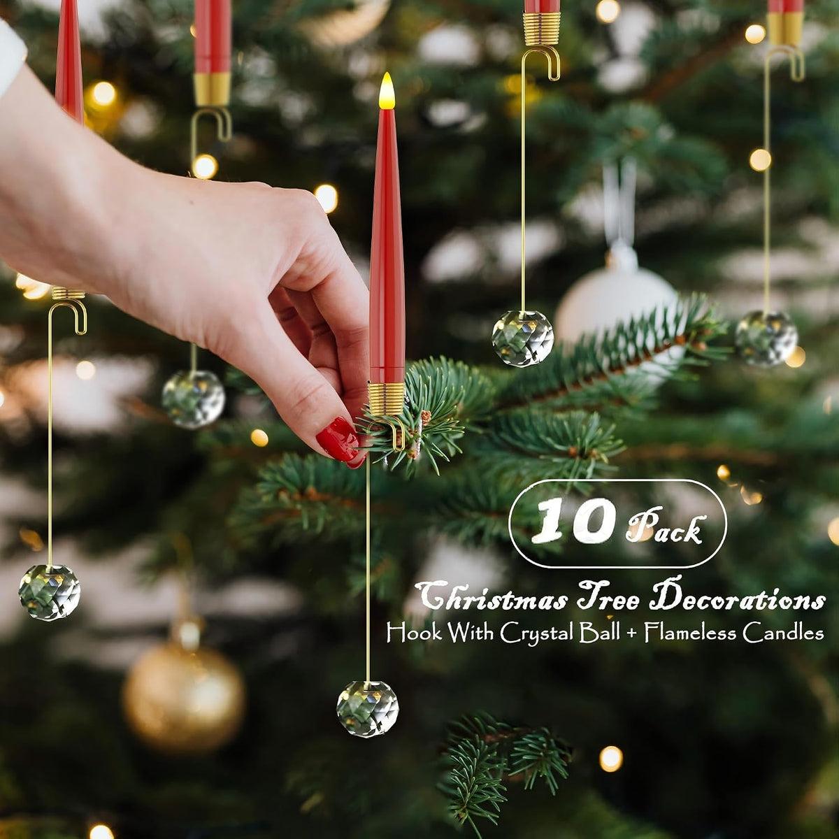 JOIONE Red Christmas Tree Candles, 10 Pcs Crystal Ball Tree Hanging Decor