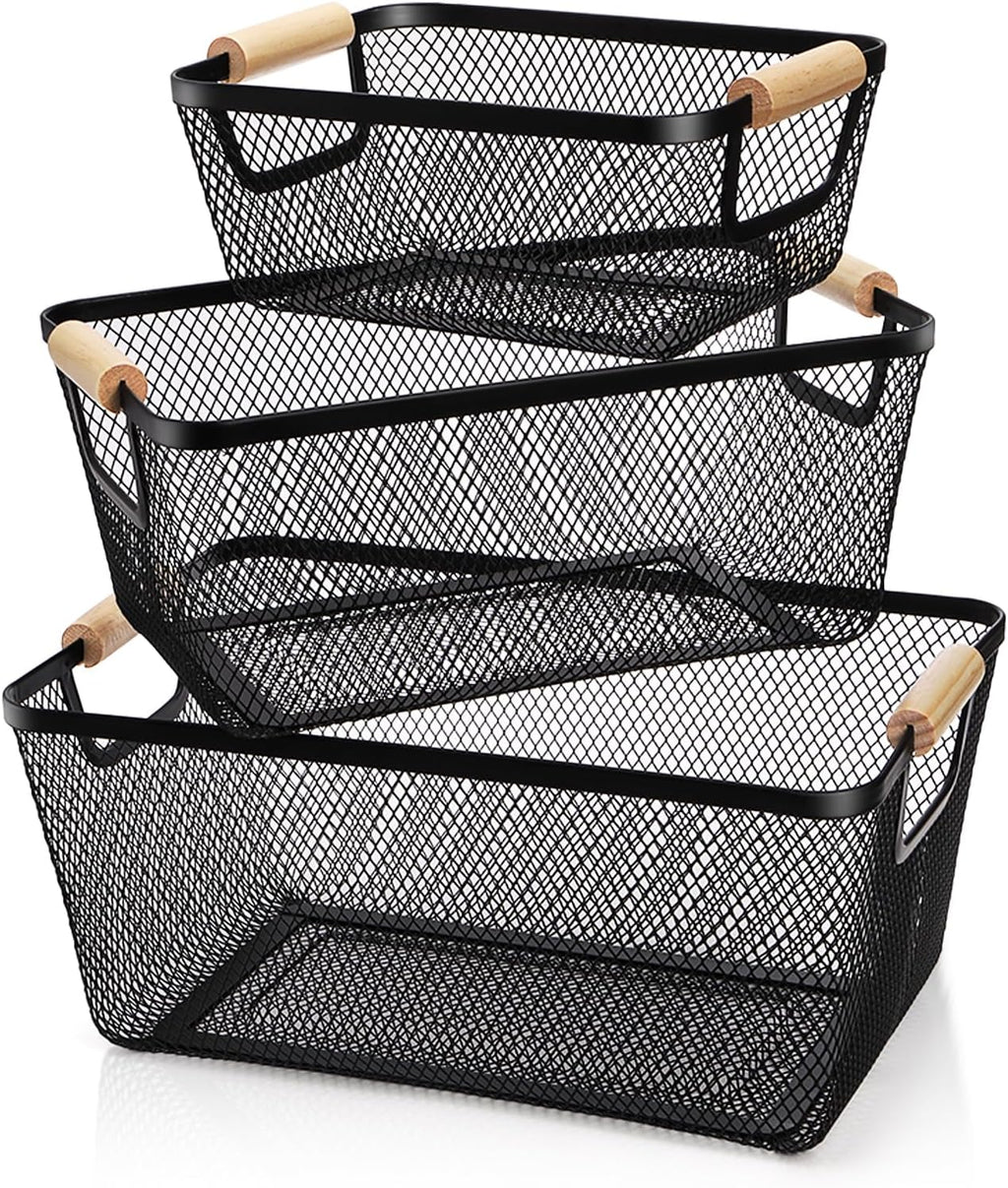 Noamus 3 Pack Metal Mesh Basket with Wooden Handle, Farmhouse Wire Steel Storage Bins, Rectangle Fruit Vegetable Organizer Containers for Home Cabinet Pantry Kitchen Decor, Snack Gift (Black, 3 Size)