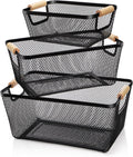 Noamus 3 Pack Metal Mesh Basket with Wooden Handle, Farmhouse Wire Steel Storage Bins, Rectangle Fruit Vegetable Organizer Containers for Home Cabinet Pantry Kitchen Decor, Snack Gift (Black, 3 Size)