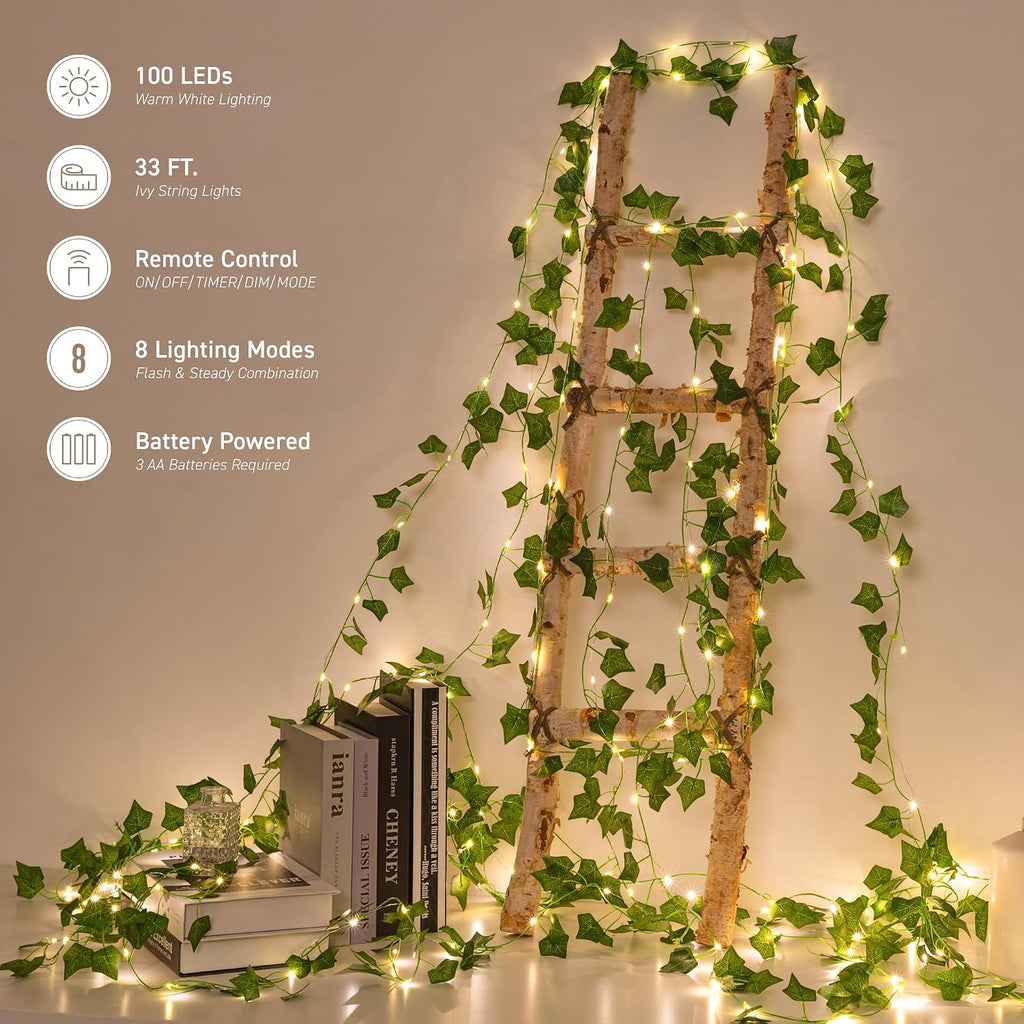 Vine Fairy Lights, 33FT 100 LED Vines String Lights, 8 Modes, 1 Pack