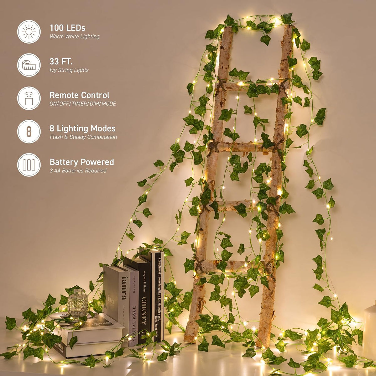 Vine Fairy Lights, 33FT 100 LED Vines String Lights, 8 Modes, 1 Pack
