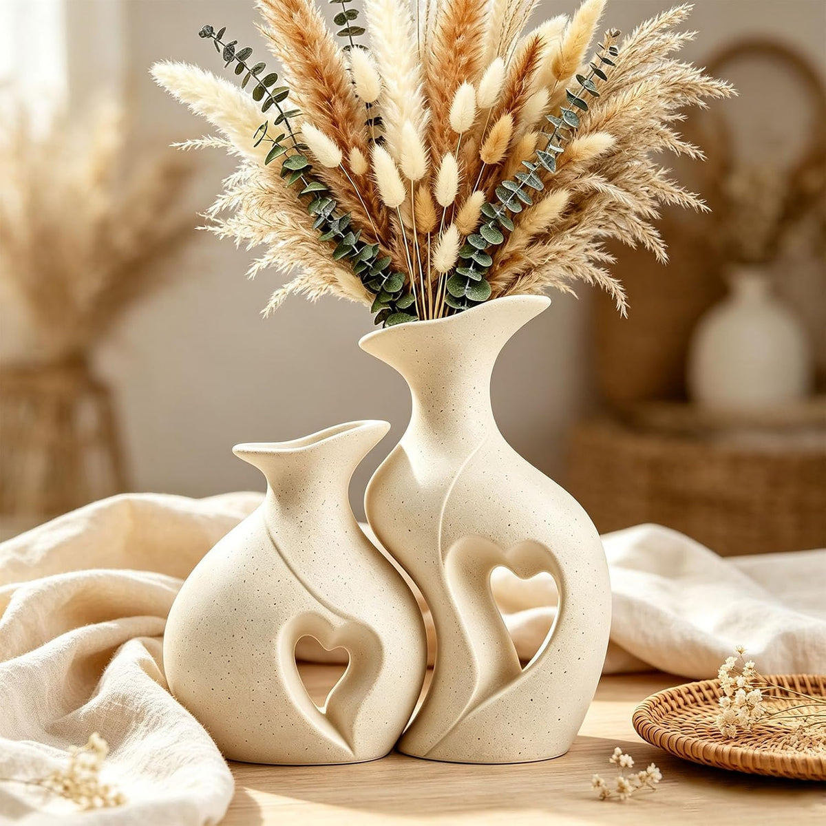 Ceramic Vase for Centerpieces Boho Rustic Vase Set of 2 (Cream)