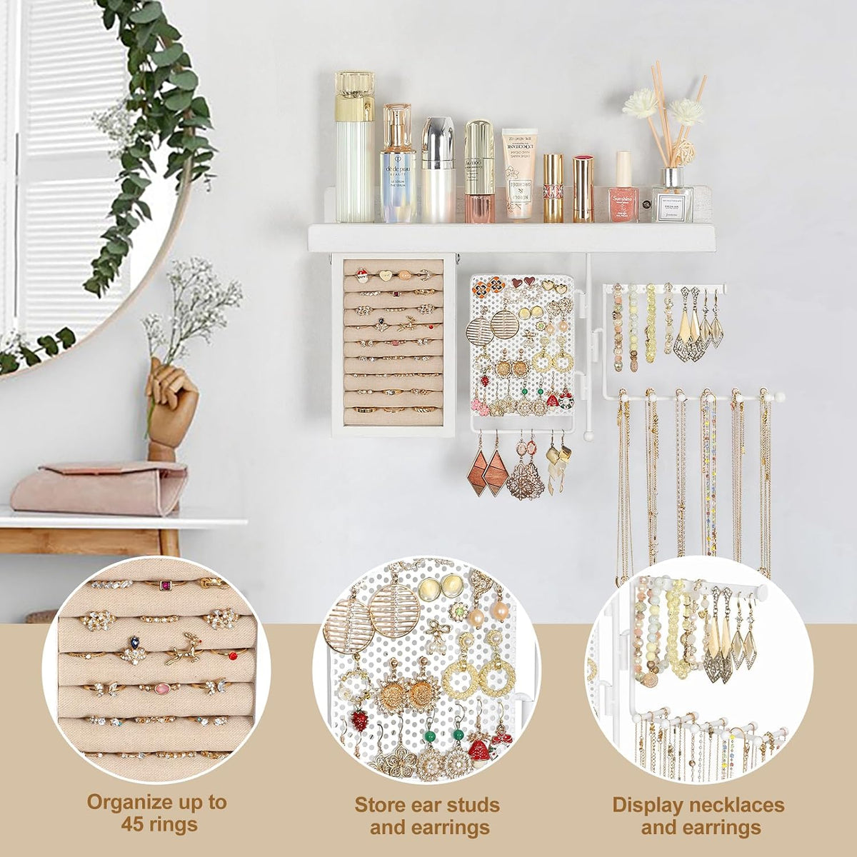 SOLIMINTR Hanging Jewelry Organizer Wall Mount with Rustic Wood Shelf, Ring Display Box, Ear Studs Earring Holder, Rotating Necklace Holder Organizer White