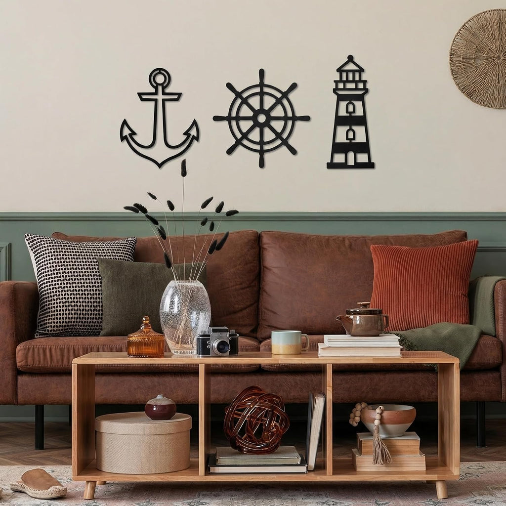 Sanwarm Wall Decor, 3 Pieces, Black Metal, for Home Nautical Coastal