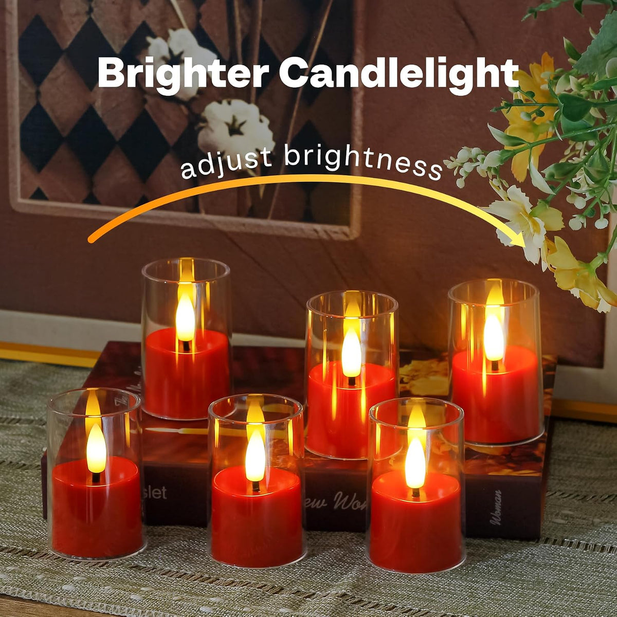 Yeelida 8pcs Battery Operated 1.7" x2.5" Clear Acrylic Remote LED Tea Lights, Flameless 2/4/6/8h Timer Fake Red Bulk Votive Candles with Batteries, Flickering Warm Light Pure Plastic Tealights