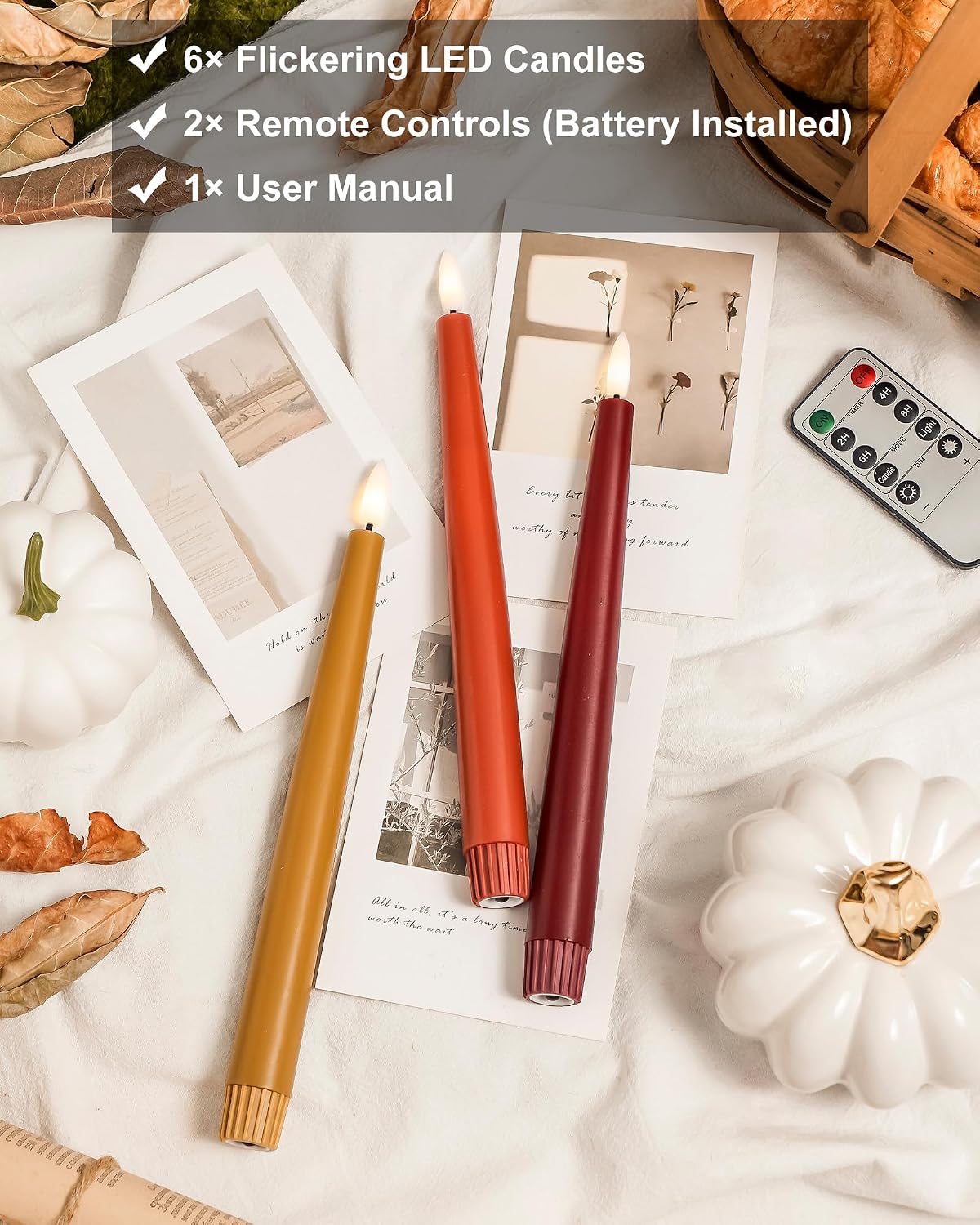 Stmarry Fall Flameless Taper Candles with Remote and Timer, 9.65 Inch Real Wax LED Candlesticks, Battery Operated Thanksgiving Candles with 3D Flickering Flame, Bordeaux, Terra Cotta & Caramel, 6 Pack