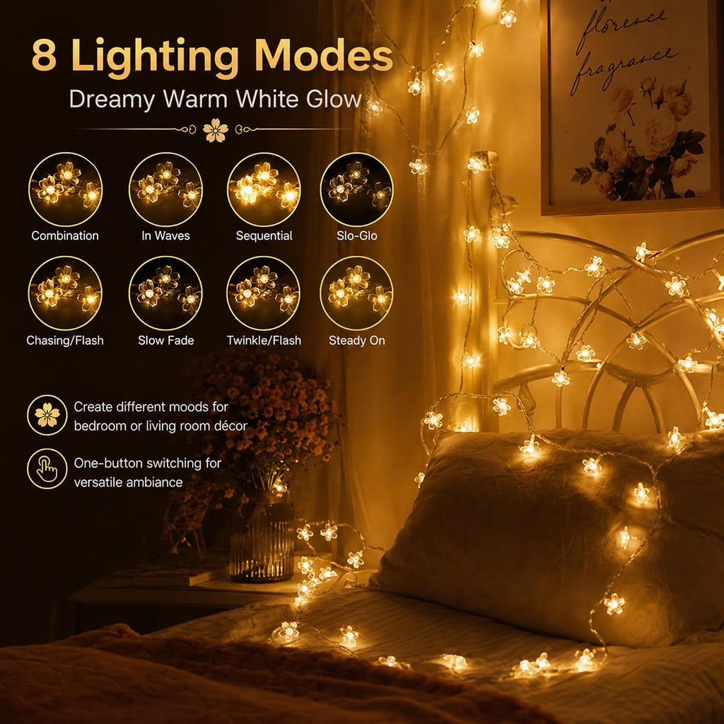 33ft Plug in Warm White Flower Fairy Lights String Christmas Hanging Decor