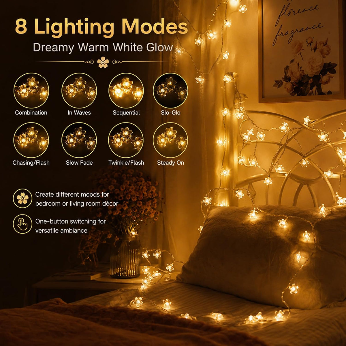 33ft Plug in Warm White Flower Fairy Lights String Christmas Hanging Decor