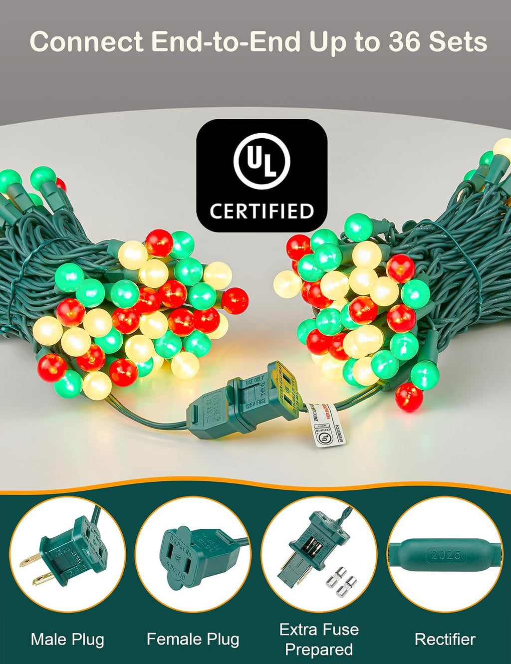 BOHON Red White and Green Christmas Lights Outdoor 24FT 70 LED G15