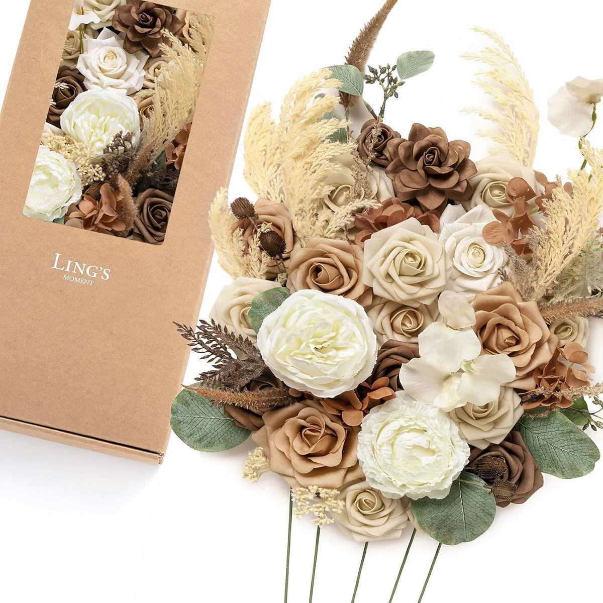 Ling's moment Artificial Wedding Flowers Deluxe Combo, Brown & Tawny Beige