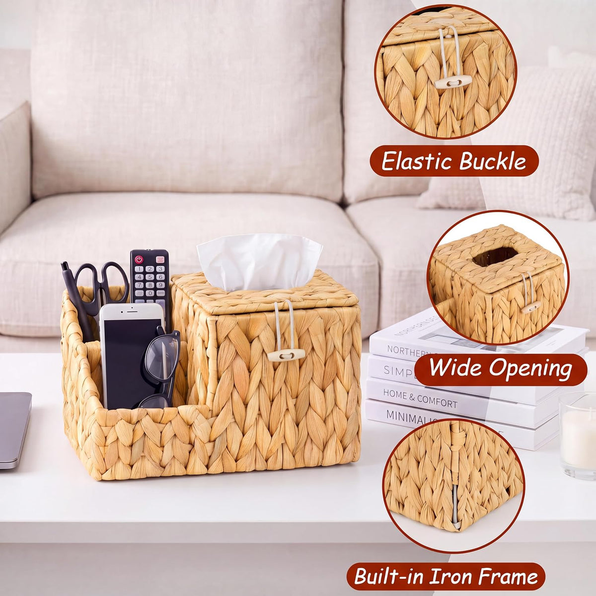 Tissue Box Cover with Storage, Water Hyacinth Square Tissue Box Holder