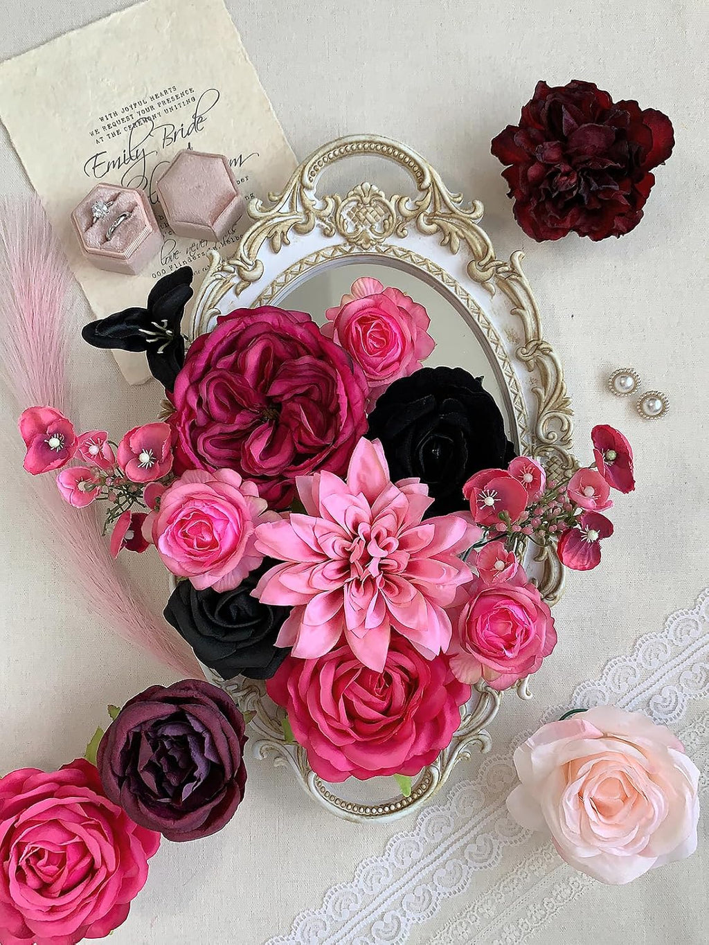 FACINOC Roses Artificial Flowers Fuchsia Pink Black Fake Flower Bouquet