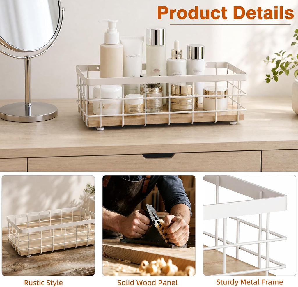 TJ.MOREE Small Metal Wire Basket, Decorative Wood Base Organizer for Bathroom, Kitchen, Basket for Toilet Paper Storage, Sugar Packet, Coffee Syrup, Guest Towel Napkin, White