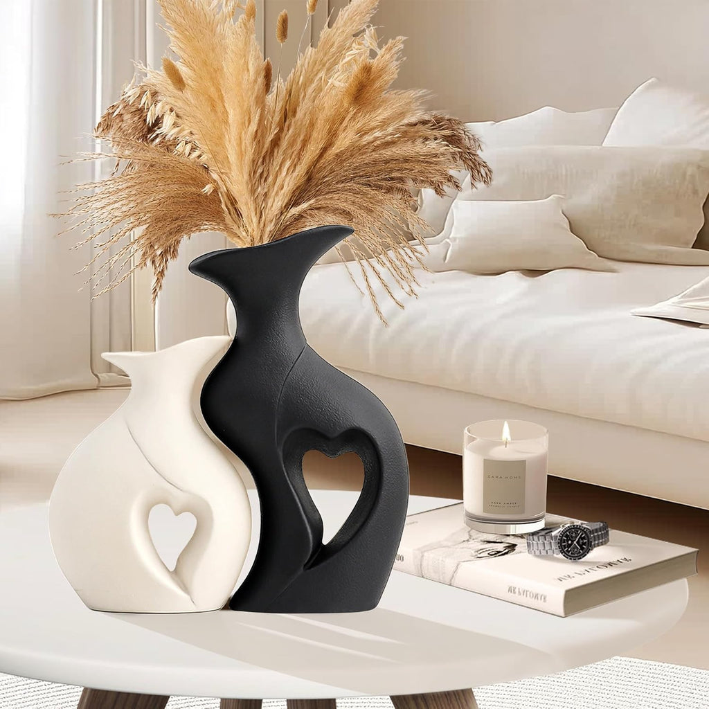 XL Black and White Decor Heart Shaped Ceramic Flower Vase Set of 2