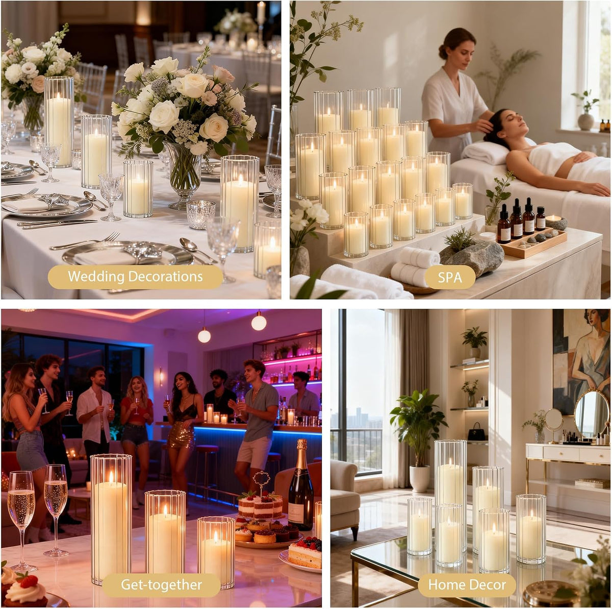 12 Pack Ivory Pillar Candles + 12 Pack Vertical Ribbed Clear Glass Cylinder Holders, Hurricane Candle Shades for Wedding, Home, Party Table Centerpieces Decor
