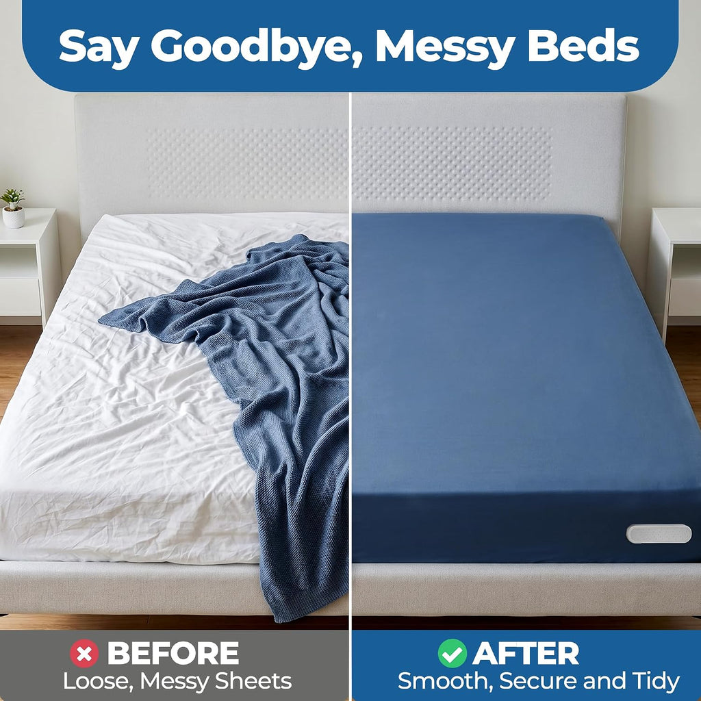 Belvo Bed Sheet Holder Straps with Lock – Bed Sheet Holders for Corners, Fitted Sheet Clips & Fasteners, Keeps Sheets Tight & Secure, Adjustable Sheet Grippers for Twin Full Queen King Beds – White