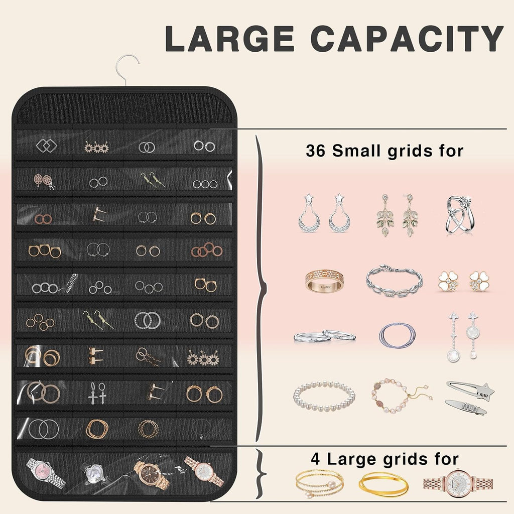 Double-Sided Hanging Jewelry Organizer for Necklaces Earrings, 2-Pack Black