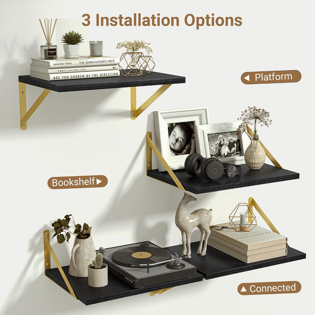 Heimlove 12 Inch Deep Black Floating Shelves，Wood Wall Shelves 16" W x 12" D Set of 2,Wall Mounted Shelves for Living Room, Bedroom, Kitchen, Bathroom,Closet and Decor Storage，Gold Bracket