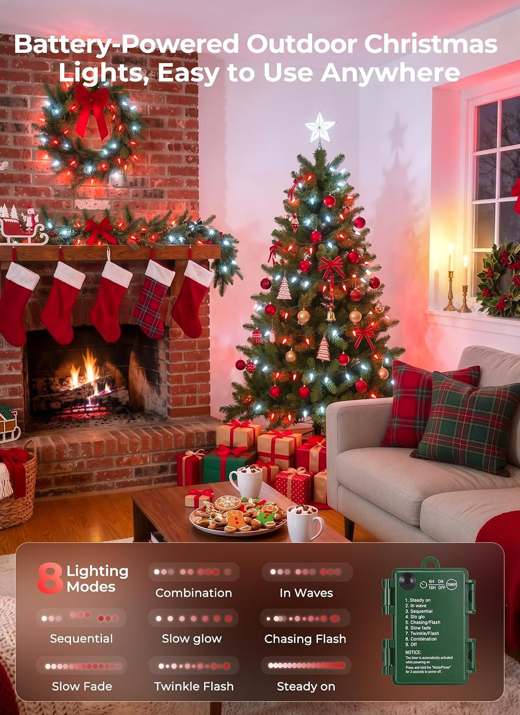 Brightown 2 Pack Battery Operated Christmas Lights 16.5FT Red & White