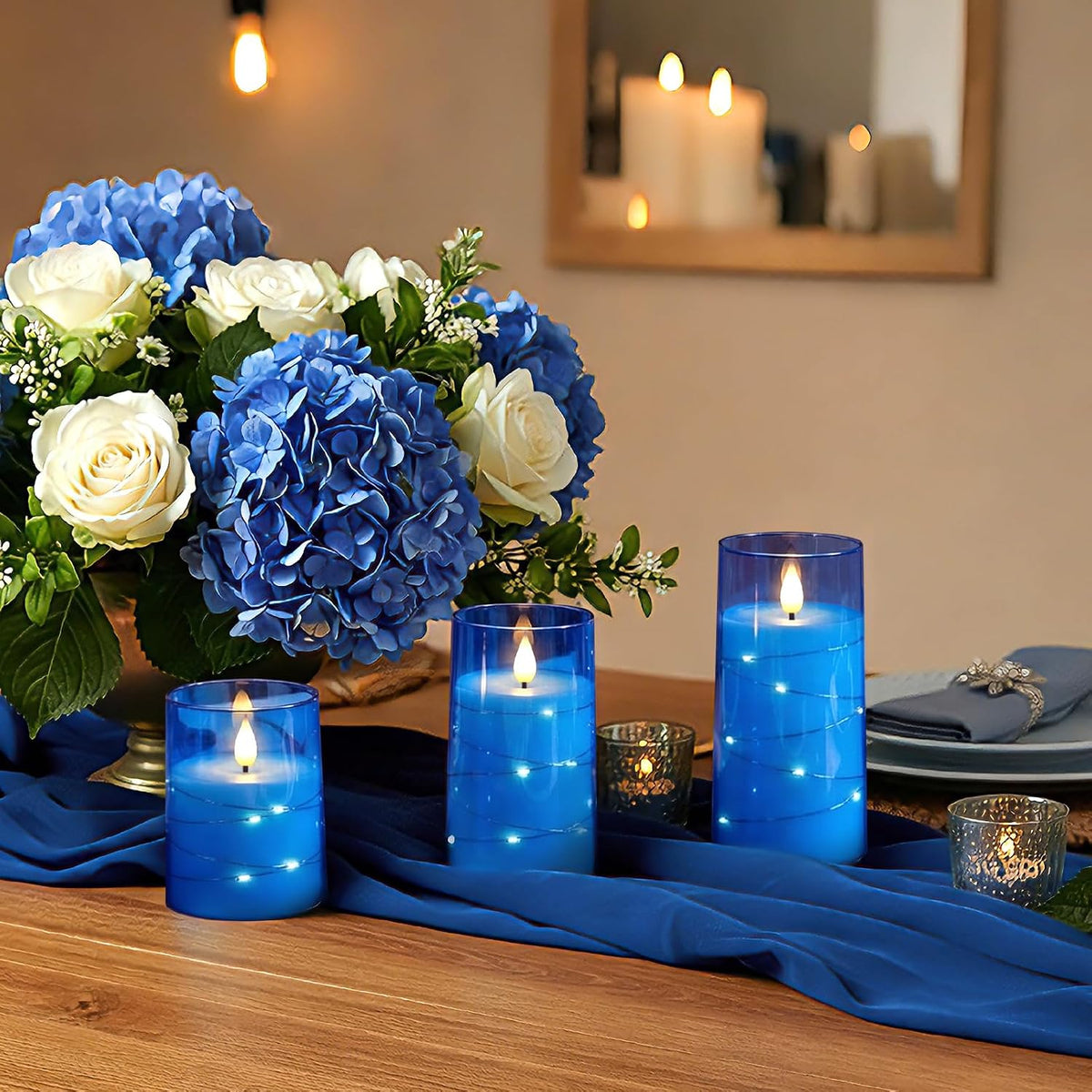 Homemory Flickering Flameless Candles, Blue LED Pillar Candles with Remote
