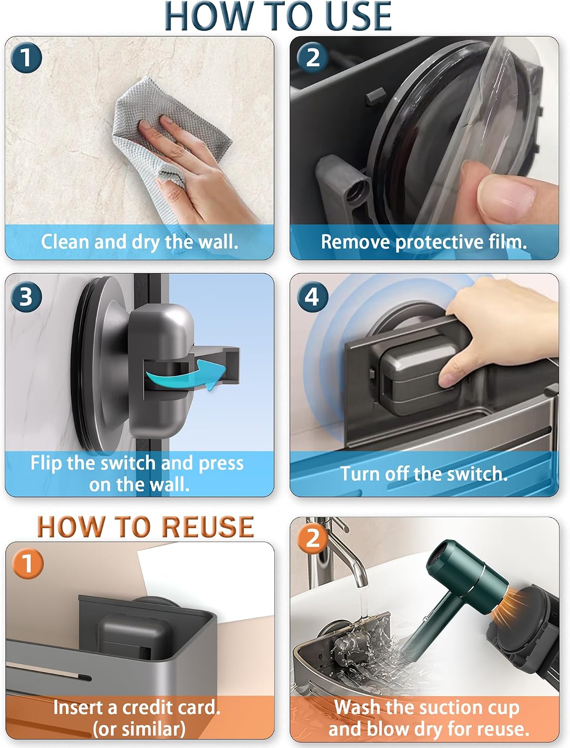 Onemake Suction Cup Shower Caddy, Shower Shelf, Bathroom Organizer, Gray