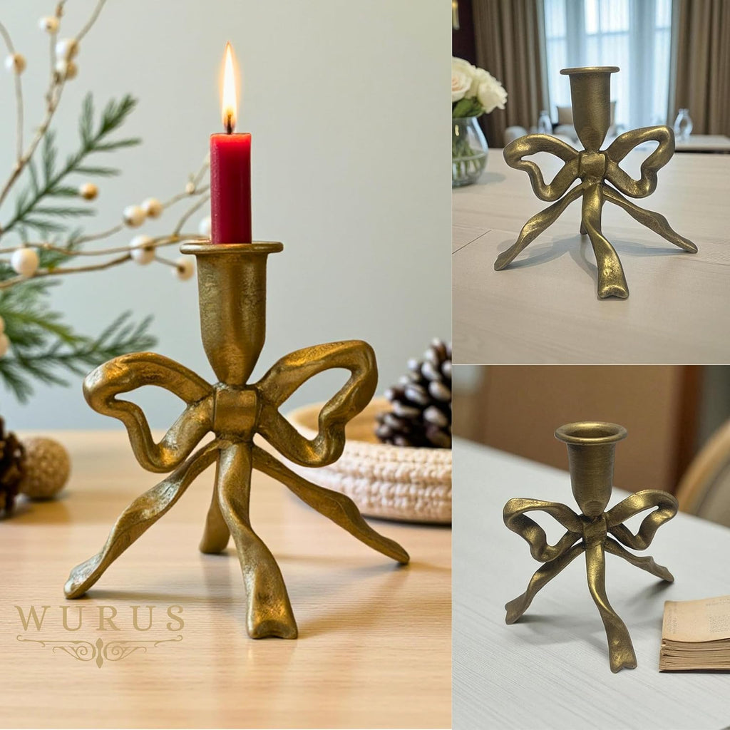 Bow Candle Holder, Bow Metal Taper Candle Holder 5" H x 4.81 W, Gold, Black, Decorative Candle Holders for Centerpiece, Table, Wedding (Gold)