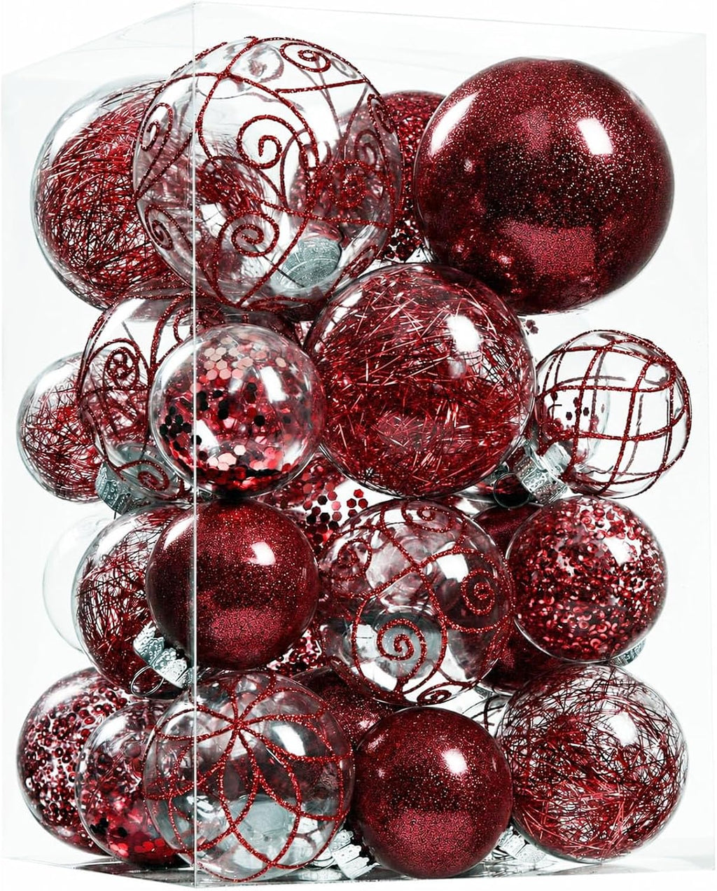 Wironlst Christmas Ball Ornaments Shatterproof Clear Large Plastic Hanging Ball Decorative Baubles Set with Stuffed Delicate Decorations (Multi-Siz, Burgundy)