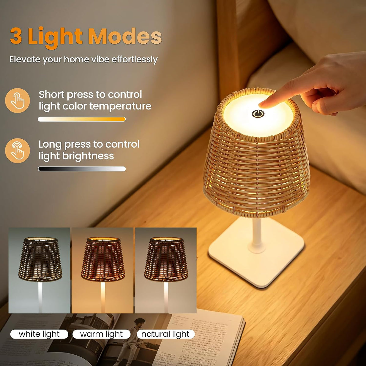 Waterproof Outdoor Rechargeable Cordless Set of 2 Table Lamp with Wicker Shade, Battery Operated Portable Table Light with Adjustable Height Pole, for Patio Restaurant Kitchen (White 2 Pack)