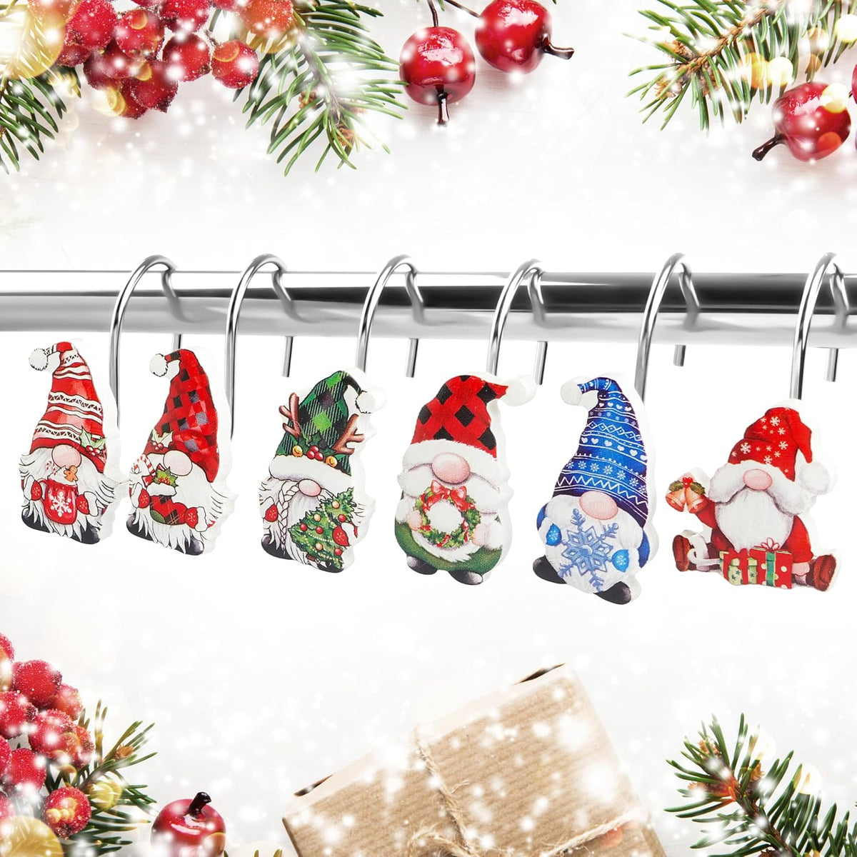 12 Pack Christmas Gnome Shower Curtain Hooks, Rustproof Decorative Rings