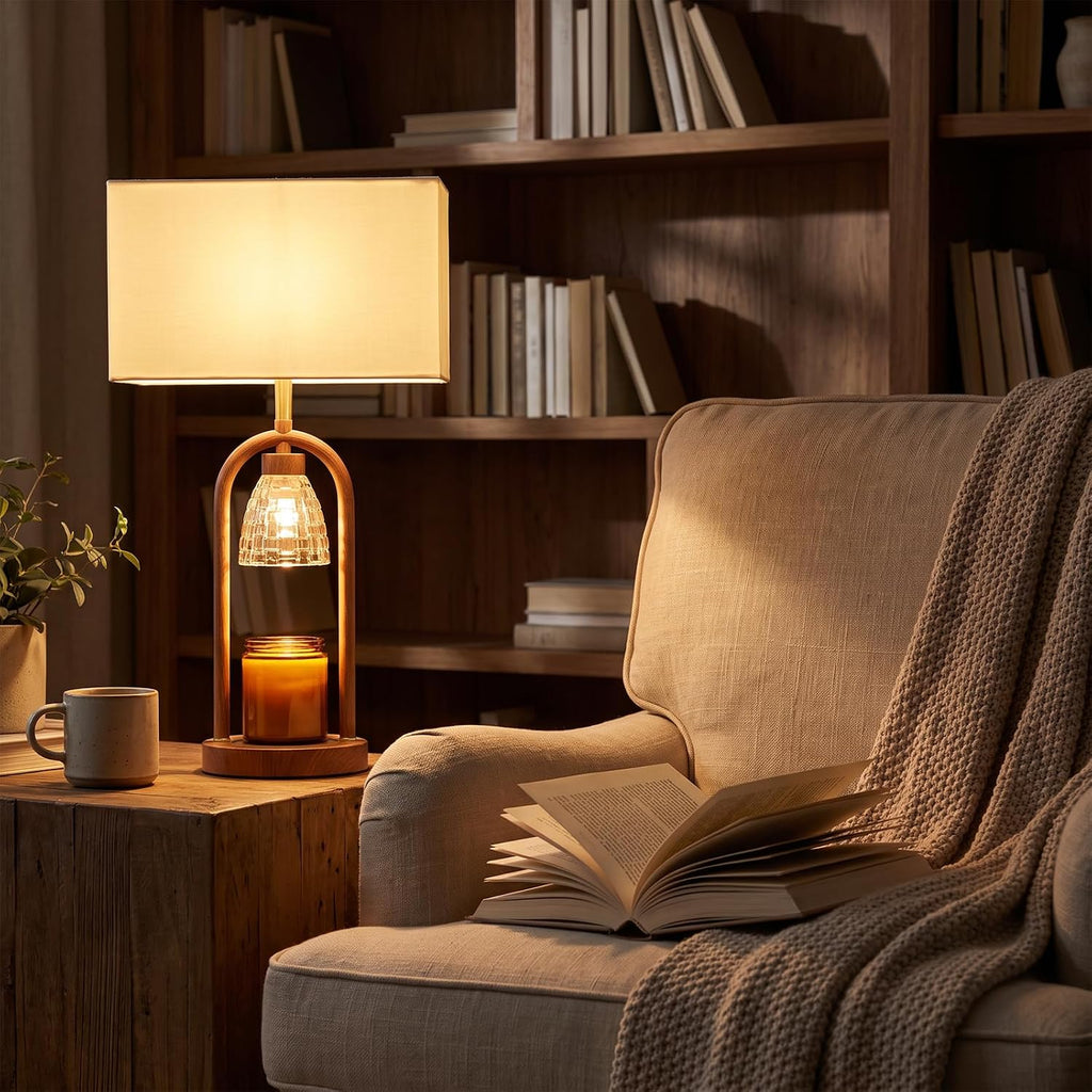 PoKat 22'' Farmhouse Table Lamp with Candle Warmer for Bedroom, Wood-Like