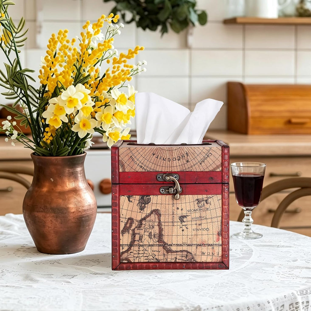 Sumnacon Wood Tissue Box Cover Square, Vintage Retro Tissue Holder, Red
