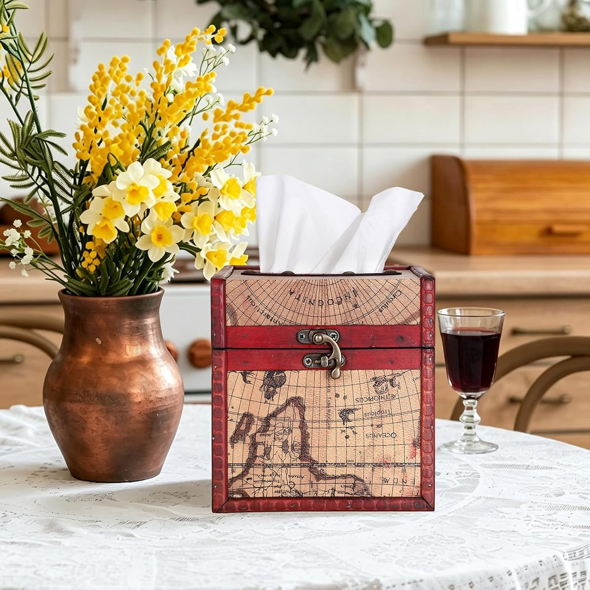 Sumnacon Wood Tissue Box Cover Square, Vintage Retro Tissue Holder, Red