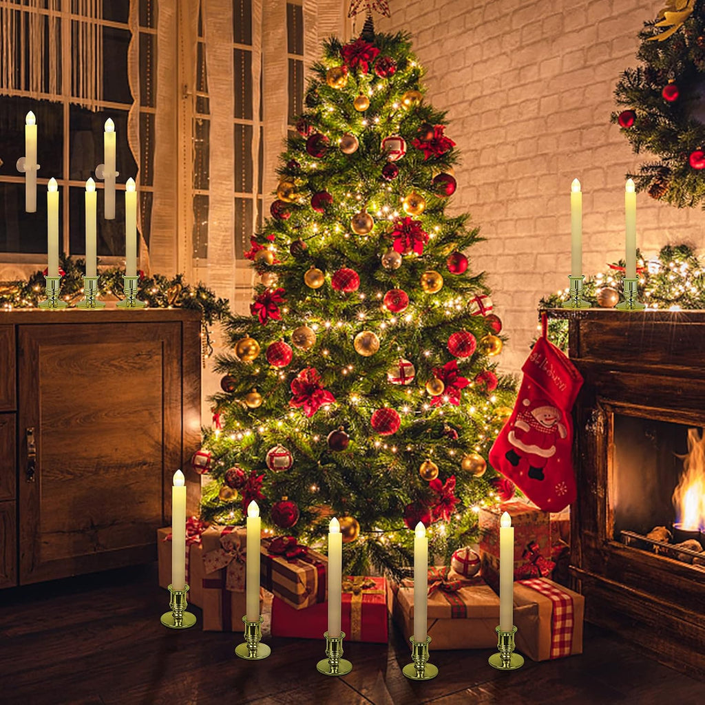 Window Candles 12 Pack Battery Operated Candle with 2 Remote Controls Timer Flameless Taper Candles Removable Golden Holder and Suction Cup for Christmas Decorations