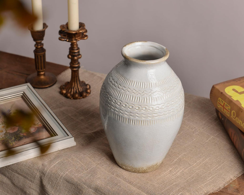 9.3 Inch Ceramic Rustic Flower Vase, White Distressed Farmhouse Vases