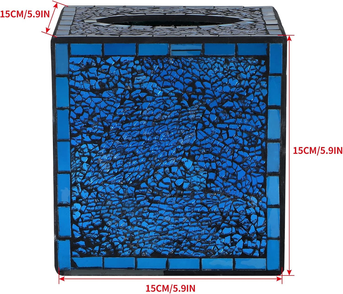 MDLUU Mosaic Glass Tissue Box Holder, Decorative Tissue Box Cover, Square Tissue Dispenser for Bathroom, Bedroom, Living Room (Navy Blue)