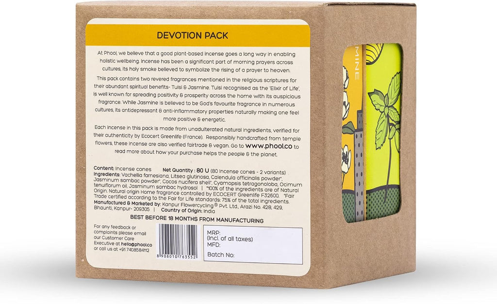 Pack of 2 Natural Incense Cones,Phool Devotion Pack(80 Organic Cones |2 Fragrances:Tulsi & Jasmine)+1 Free Ceramic Holder | Handrolled | Sulpher and Charcoal Free |100% Organic & Natural(500 GMS)