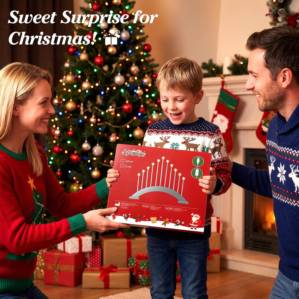 Lewondr Christmas Swedish Candelabra, 11 Flameless Taper Candles, Silver