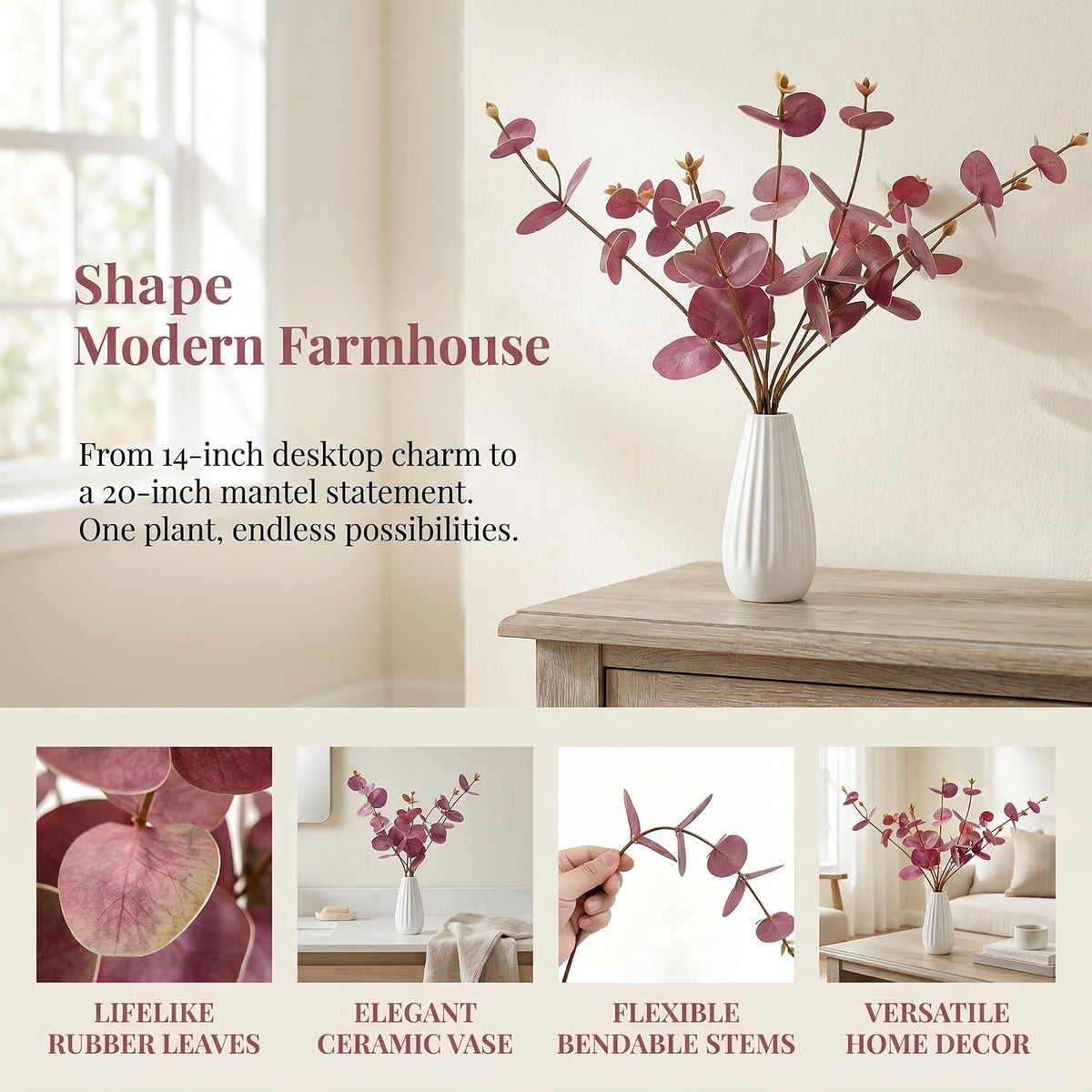 Artificial Eucalyptus Stems with Ceramic Vase for Home Decor,Dusty Purple