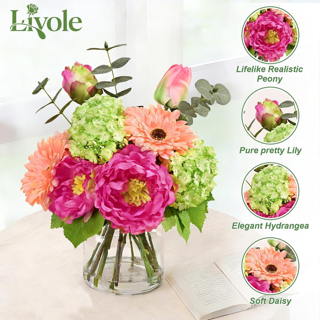 Livole Artificial Faux Flowers with Vase & Water Silk Fake Flowers, Fuchsia