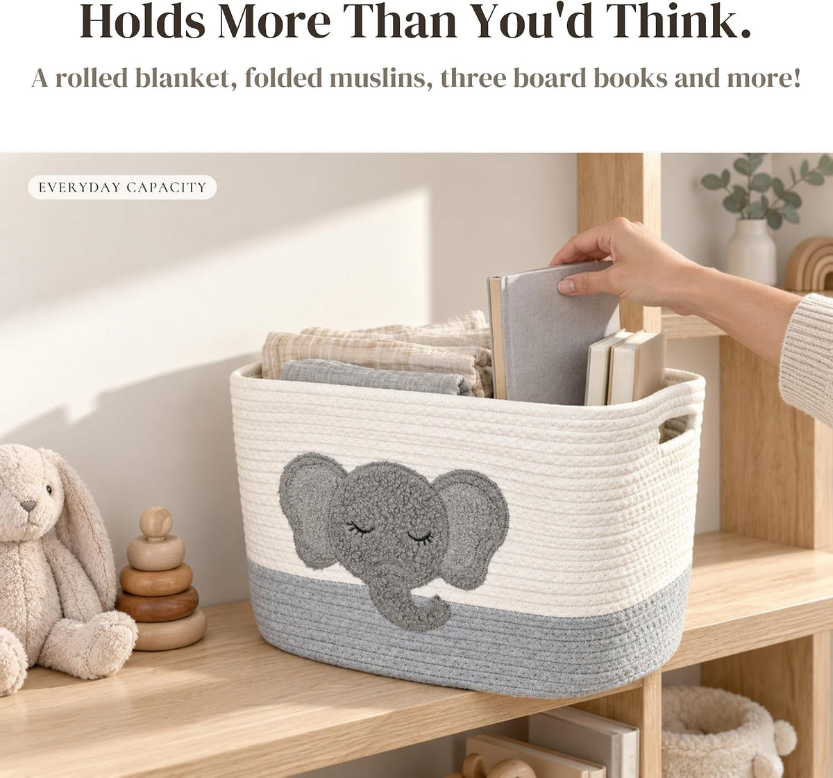 Elephant Baby Storage Basket, Woven Cotton Rope Nursery Bin, 13x10x9 in